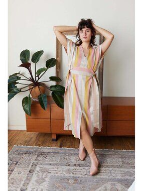 NWT Rujuta Sheth Ruby in Candy Stripe Metallic Cotton Midi Kaftan Dress M/L